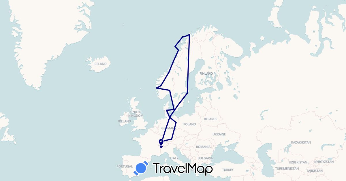 TravelMap itinerary: driving in Switzerland, Germany, Denmark, Norway, Sweden (Europe)